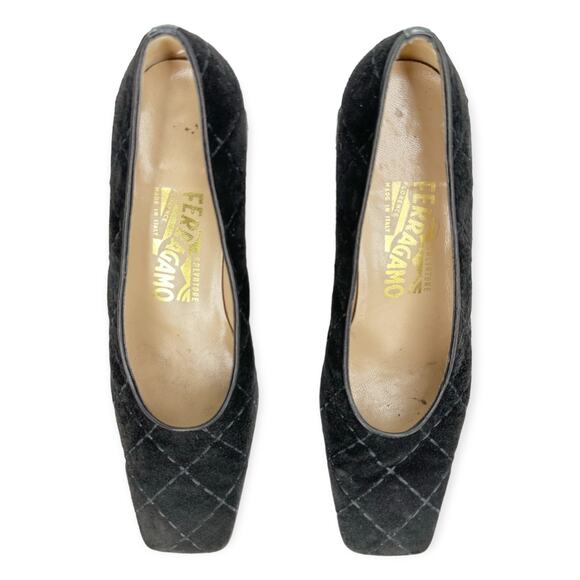 Salvatore Ferragamo | Size 6B | Black Quilted Suede w/ Diamond Design Block Heel - Picture 2 of 11
